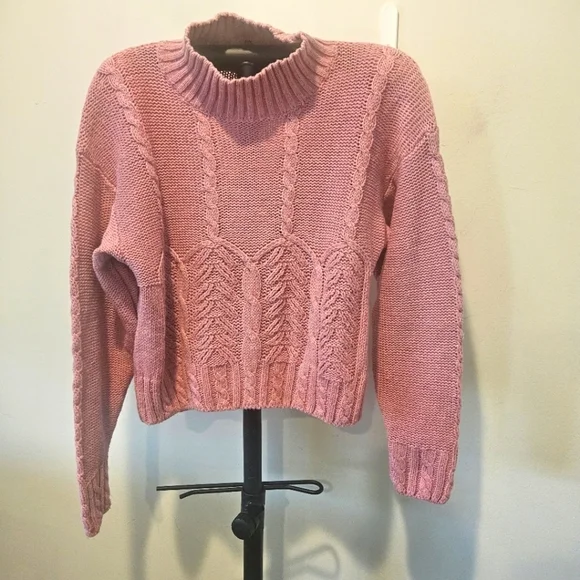 IDIOMS VINTAGE 80s WOMEN'S PINK CHUNKY CABLE KNIT TURTLENECK SWEATER SIZE MEDIUM - Picture 3 of 9